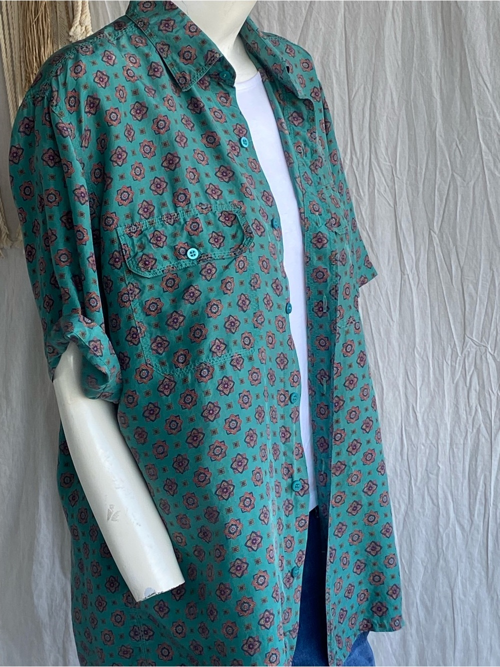 Retro Teal Silk Shirt 100% Silk Geometric Print Relaxed Fit Unisex Medium